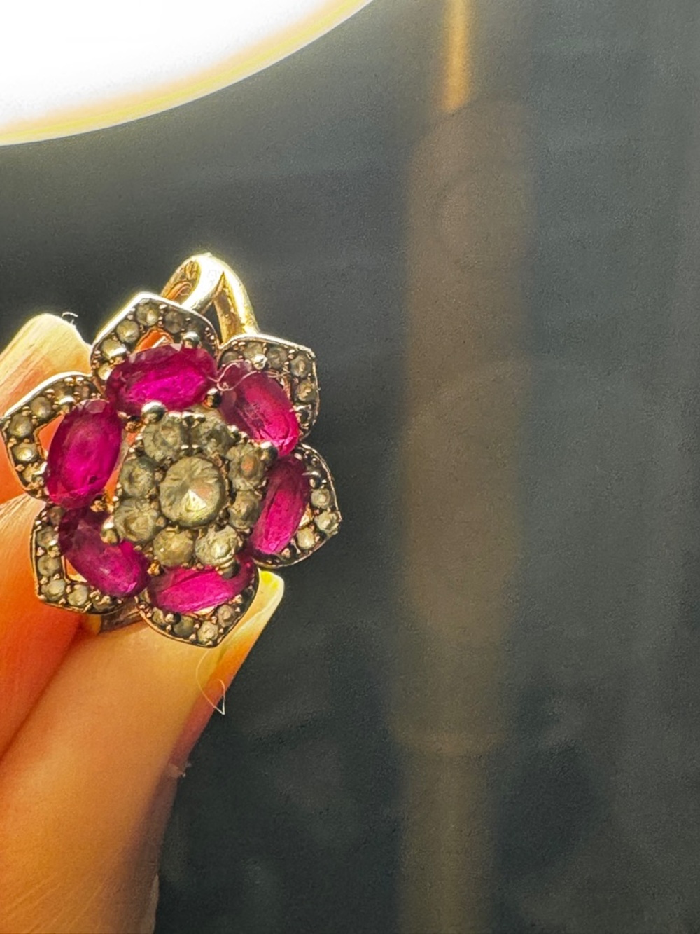 14 k Gold Ring with Pink Ruby and Diamond Accents